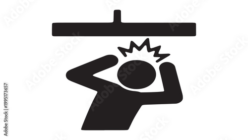Warning sign icon of a person hitting head on low ceiling or beam.