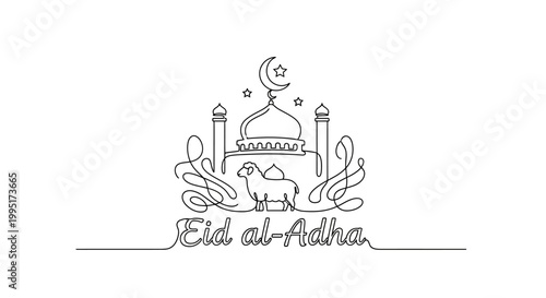 Continuous Line Art Eid al-Adha Mosques and Camel Illustration