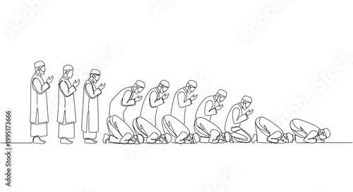 Muslim men praying in unison, showing Salah prayer sequence in line
