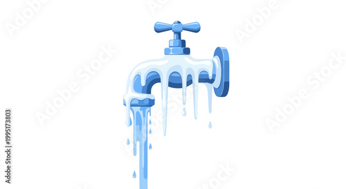 Frozen Water Tap with Dripping Icicles on White Background