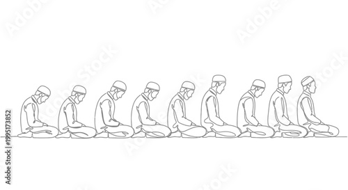 Muslim men praying in a line, prayer ritual, Islamic tradition, faith, spirituality
