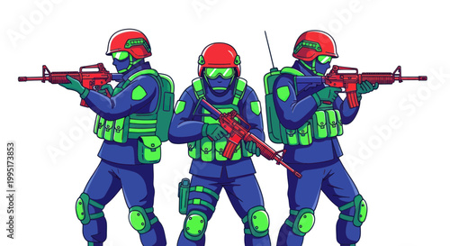 Pixel Art Soldiers with Rifles, Blue and Green Uniforms, Red Helmets