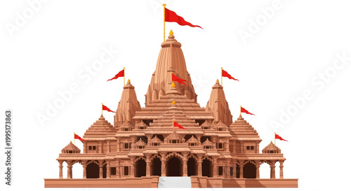 Ornate Hindu Temple Architecture, Red Flags, White Background