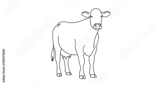 Simple Outline Drawing of a Dairy Cow Standing on White Background