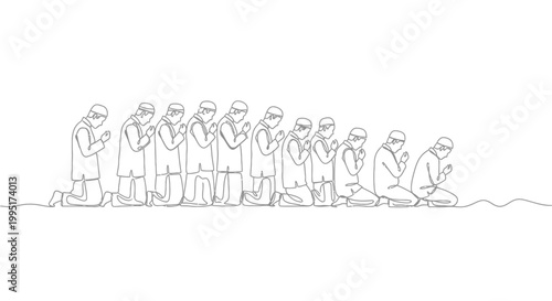 Line of Men Praying in Islamic Tradition, Continuous Line Art