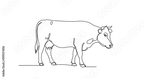 Minimalist single line drawing of a standing cow, farm animal illustration