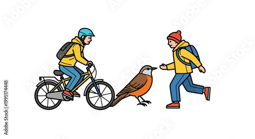 Colorful Illustration of a Curious Robin Bird with Two People.