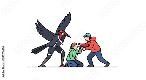 Illustration of a Giant Bird Confronting Two People in Distress.
