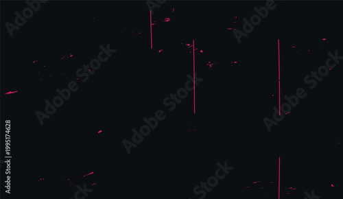 Minimalist dark aesthetic background featuring thin vertical pink lines and scattered glitch-like fragments on a black backdrop. This modern abstract illustration combines a futuristic tech style with