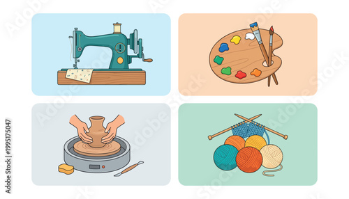 Creative hobbies and leisure activities icons.