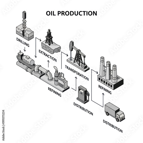 Oil Production Process - Drilling, Extraction, Refining, and Distribution.