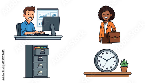 Office workers with computer and clock.