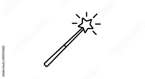 Magic wand with star and glowing light, simple line art icon