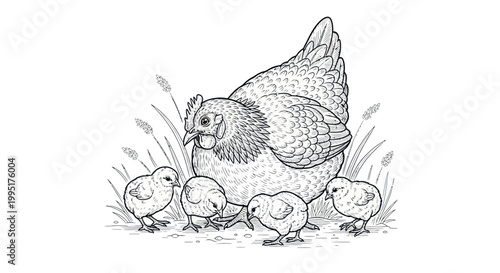 Mother Hen and Chicks Line Art Illustration - Farm Animal Family