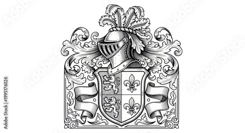 Billede på lærred Vintage Heraldic Coat of Arms with Ornate Scrollwork and Helmet