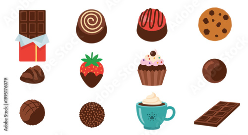 Assorted Chocolate Candies, Cookies, and Hot Cocoa Icons - Sweet Treat Collection