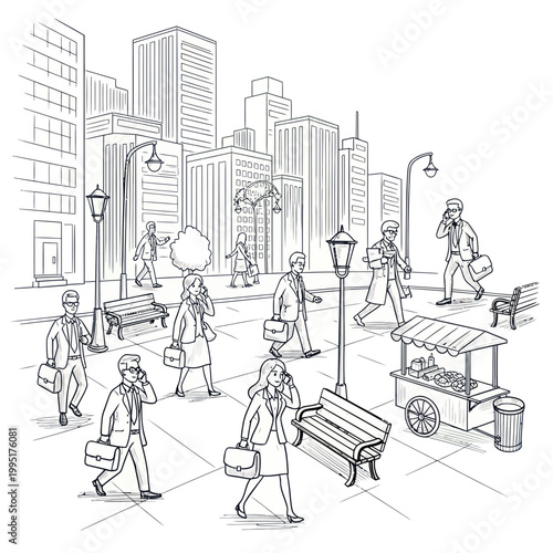 Busy City Street Scene with People Walking and Talking on Phones