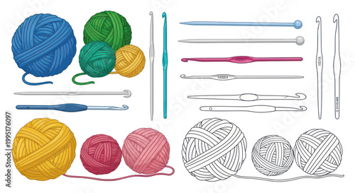 Colorful Yarn Balls and Crochet Hooks Set, Craft Supplies