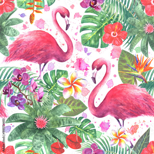Tropical Flamingo Seamless Pattern with Hibiscus, Orchids and Jungle Leaves