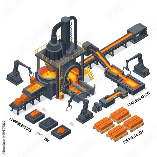 Isometric Illustration of a Copper Alloy Production Process.