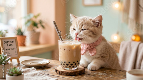 Kitten Drinking Tea at Stylish Cat Cafe. Cute Pet with Drink Cup of Tea Coffee, Comfort Lifestyle Concept Background. Funny Creative Animal Design for Advertising, Party Invitation.