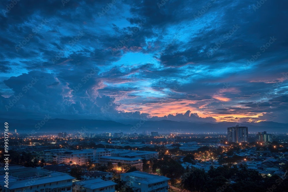 Naklejka premium Dramatic cityscape at twilight with vibrant sky
