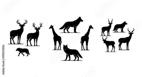 Wild Animal Silhouette Vector Set Deer Wolf Giraffe Antelope Wildlife Illustration Collection