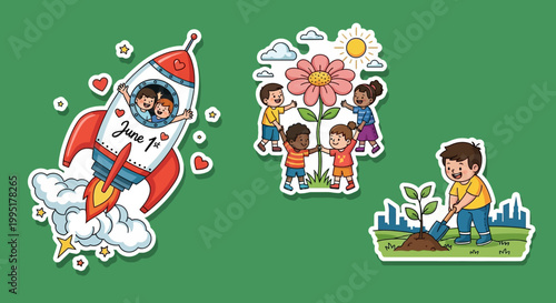 Colorful cartoon images of rocket, children, flower, and planting a tree.