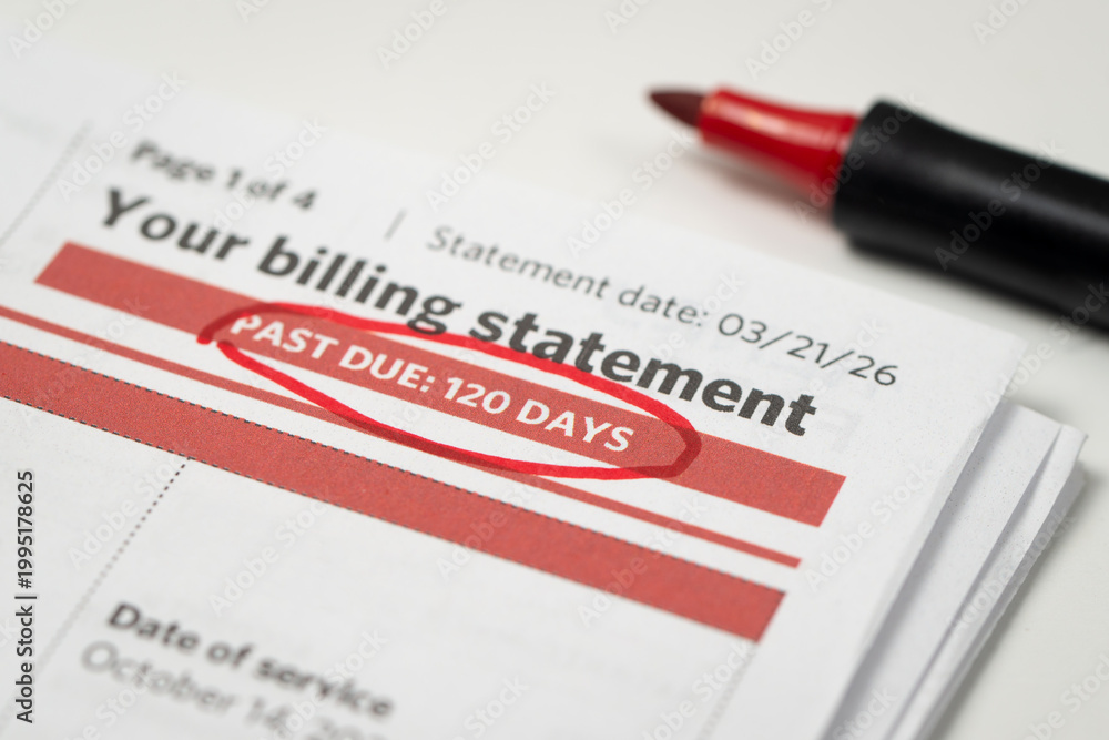 Obraz premium Medical bill showing a past due date circled with a red marker, emphasizing financial obligations, overdue payments, and personal finance management.