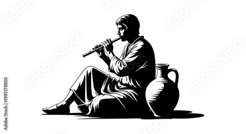 Man Playing Flute, Ancient Style, Pottery Beside Him, Silhouette