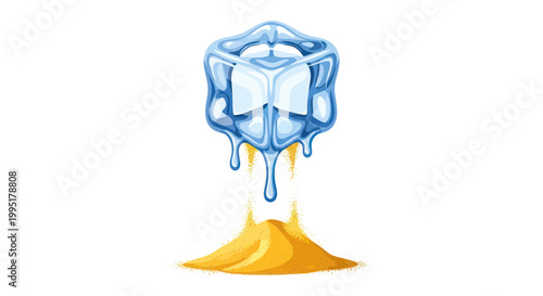 Melting Ice Cube Dripping onto Sand, Summer Heat Concept