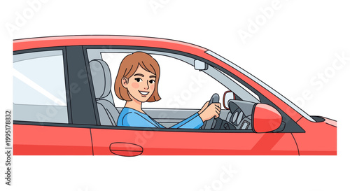 Smiling woman driving a red car, happy driver, road trip, transportation concept