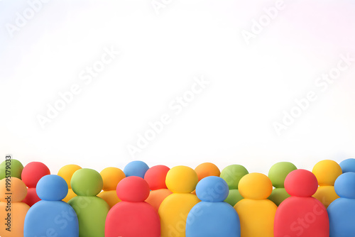 3D claymation colorful crowd shapes at bottom with minimal design