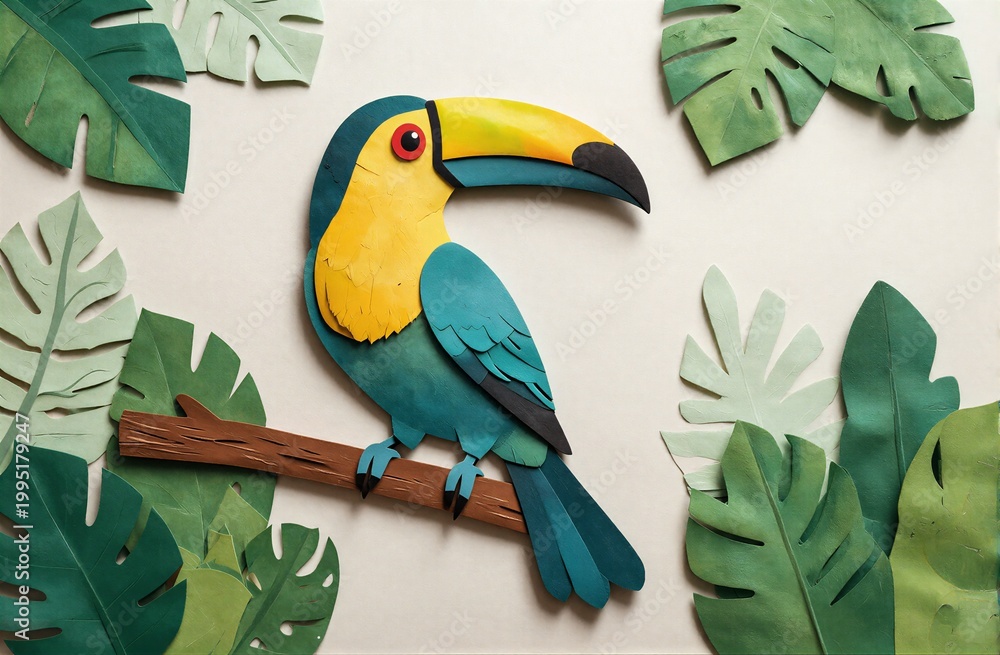 Naklejka premium Vibrant toucan perches on branch surrounded by lush green tropical