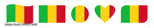 Set of five creative Mali flag vector designs featuring wavy, circular, heart-shaped, rounded-corner, and rectangular styles, symbolizing national pride and patriotic celebration