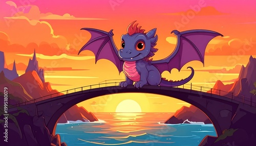 Cute dragon on a bridge at sunset.