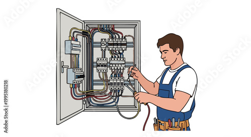Professional electrician wiring connections in fuse box vector illustration