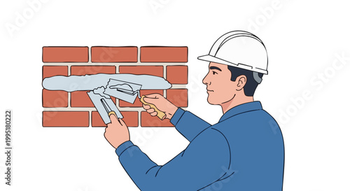 Construction worker with hard hat plastering red brick wall with trowel