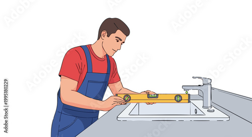Professional plumber installing kitchen sink with leveling tool