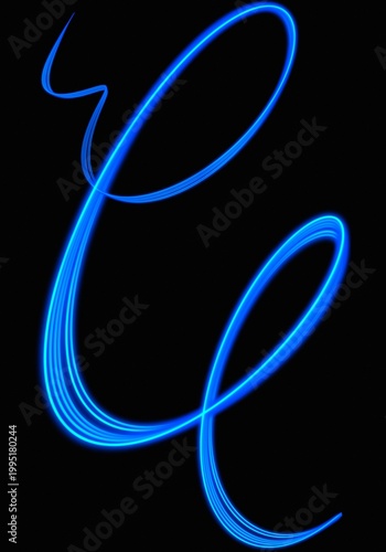 Abstract flowing neon blue light streaks creating elegant curved lines and loops against a stark black background illustrating motion and energy