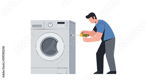 Man repairing washing machine with screwdriver. Flat vector illustration