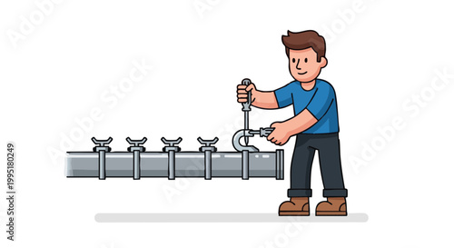 Cartoon man working with C-clamp on water pipe. Vector illustration of plumber securing pipeline