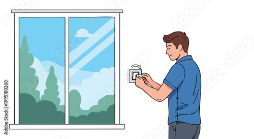 Man adjusting dimmer switch on wall next to sunny window with nature view