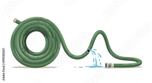 Leaking green garden hose spraying water from hole. Damaged pipe illustration isolated on black background