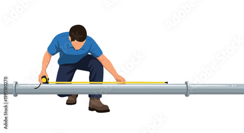 Plumber or construction worker measuring metal pipe with yellow tape measure