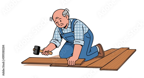Senior handyman installing laminate flooring with hammer. Cartoon illustration of home renovation