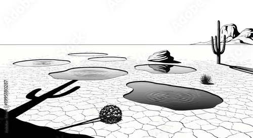 Desert Oasis Mirage: Cracked Earth, Cactus, Puddles, and Mountains