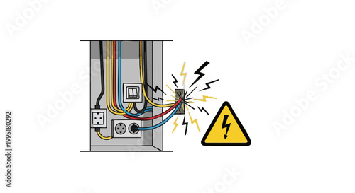 Open electrical panel with sparking wires and hazard warning sign illustration