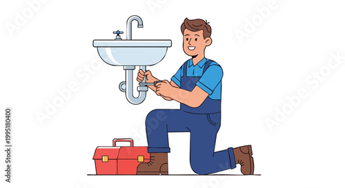 Smiling plumber fixing sink pipe with wrench cartoon illustration