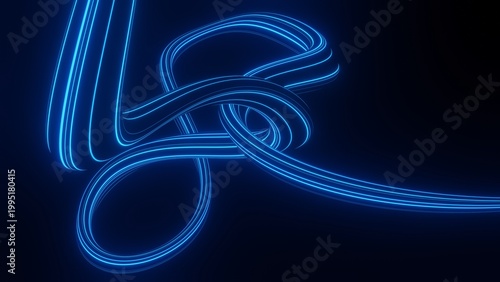 An abstract flowing dynamic loop of bright blue neon light trails forming an intricate interconnected knot against a dark deep blue background representing energy flow and digital connection